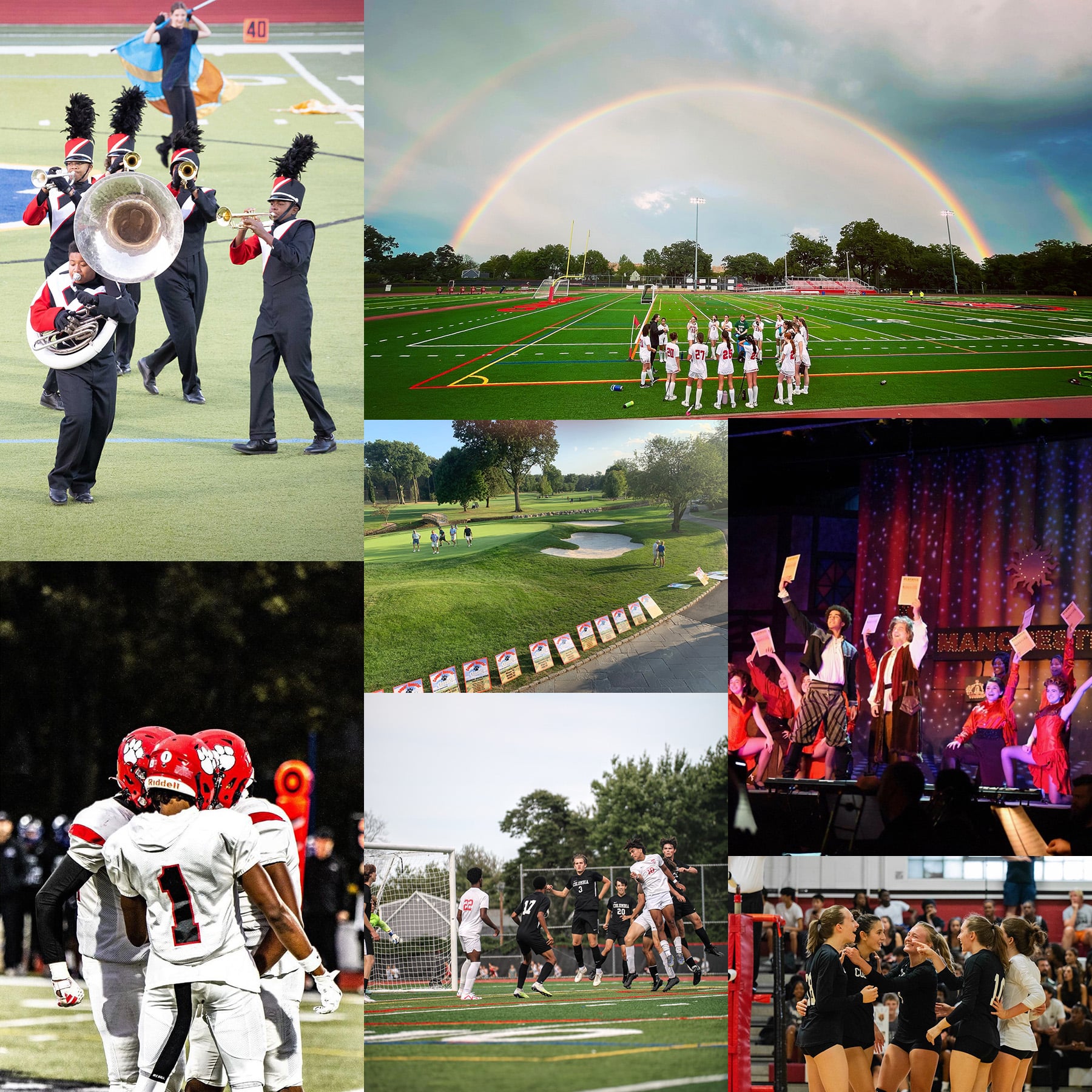collage showing field hockey, marching band, football team, musical, soccer, volleyball
