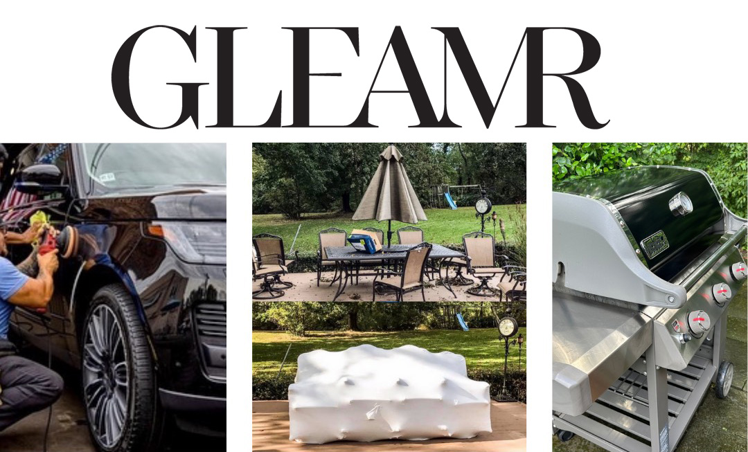 gleamr logo and photo of car, grill, shrink-wrapped furniture