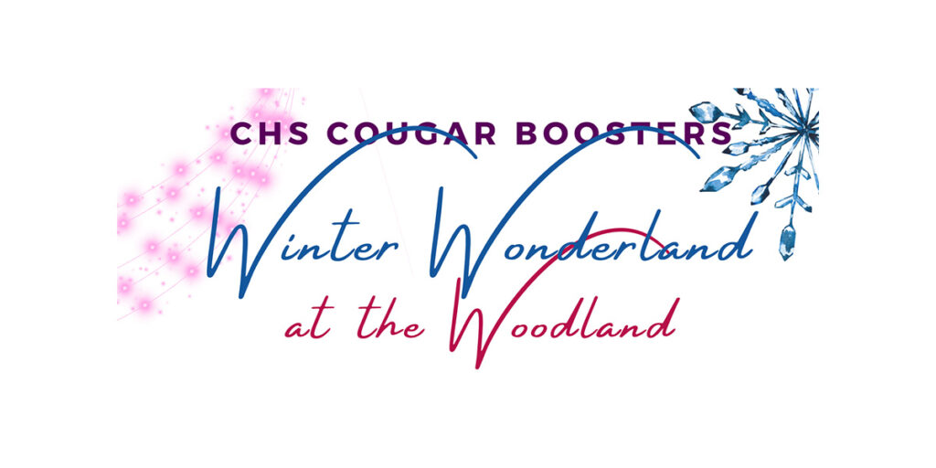 winter wine wonderland at the woodland text with snowflake